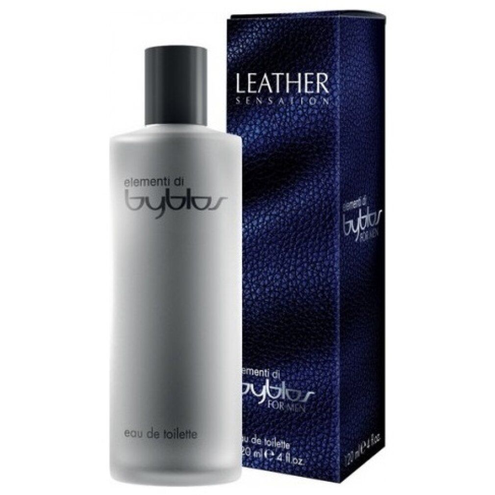 Flacone grigio con tappo nero e confezione blu. Scritta: Leather Sensation, elementi di byblos, Eau de toilette.
