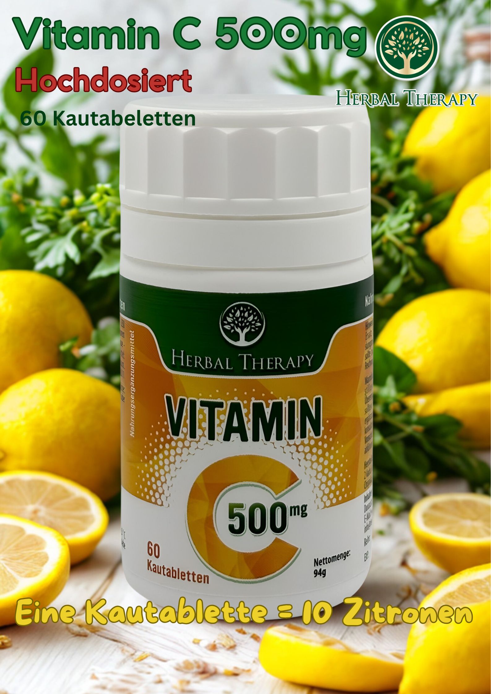 Immagine del prodotto con flacone e limoni. Testo: Vitamina C 500mg, ad alto dosaggio, 60 compresse masticabili. Una compressa = 10 limoni.