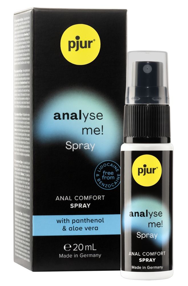 Scatola e flacone neri. Scritta: pjur, analyse me! Spray, Anal Comfort Spray, con pantenolo e aloe vera. 20ml.