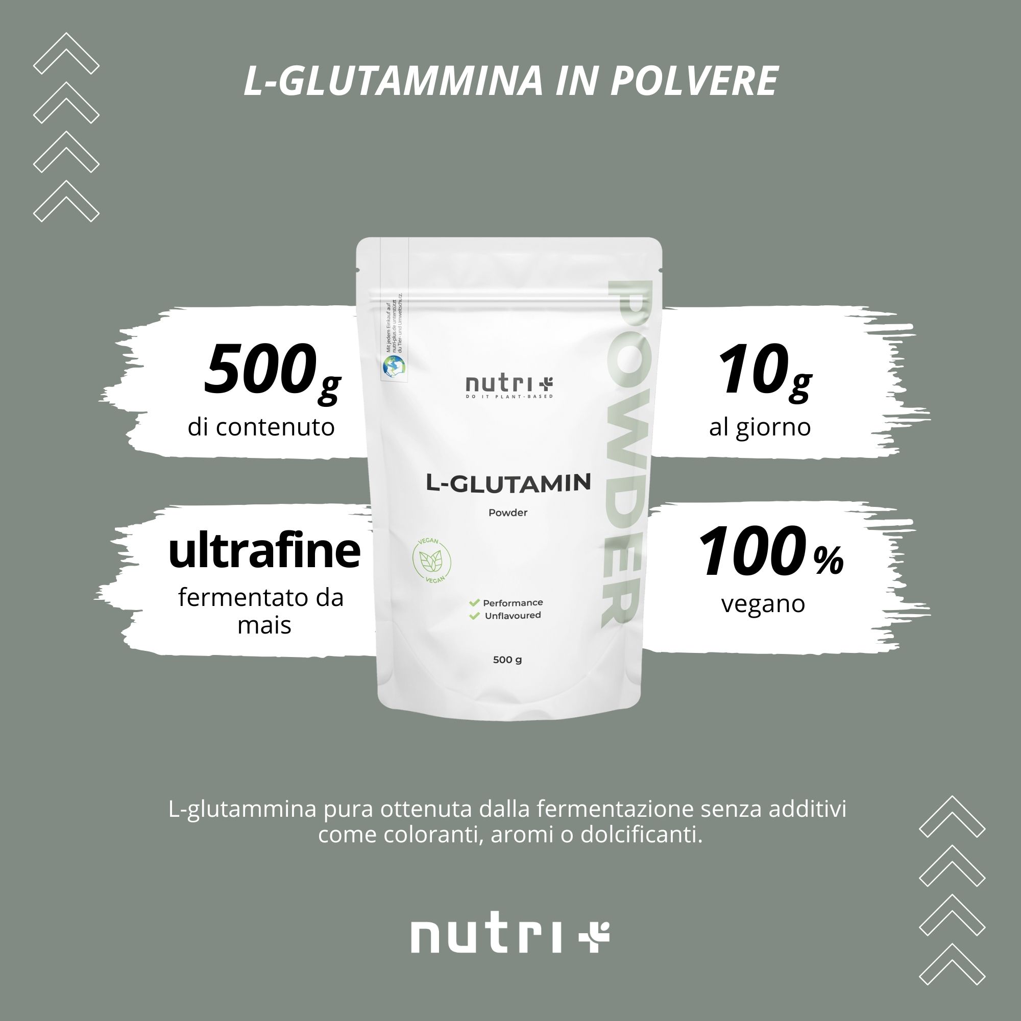 Busta prodotto con 500g di contenuto, ultrafine, fermentato da mais, 10g al giorno, 100% vegano.