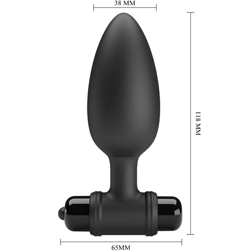 Butt-plug nero, lungo 118 mm, largo 38 mm in punta, largo 65 mm alla base.