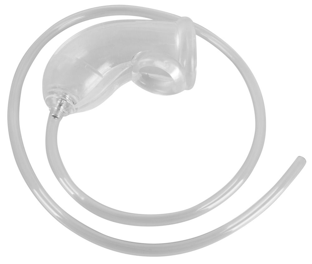 Prodotto trasparente e flessibile, forma curva, con tubo e anello per lo scroto. Vista dettagliata.