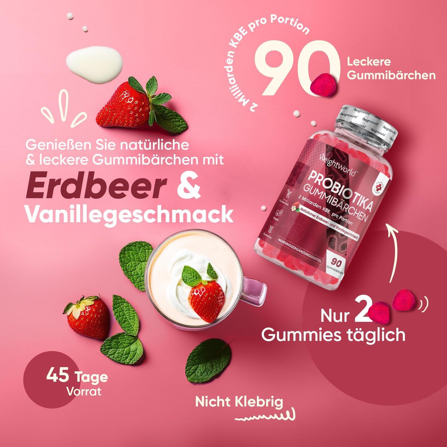 Flacone del prodotto con fragole e vaniglia. Testo: « Gusto fragola e vaniglia ». 90 caramelle gommose. Solo 2 caramelle al giorno. Non appiccicoso.