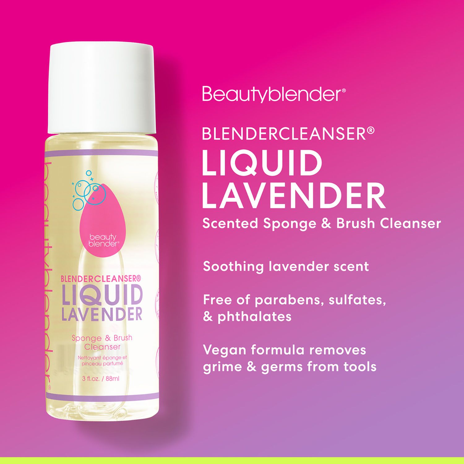 Flacone di detergente liquido. Scritta: Liquid Lavender, Scented Sponge & Brush Cleanser. Logo rosa. Tappo bianco.