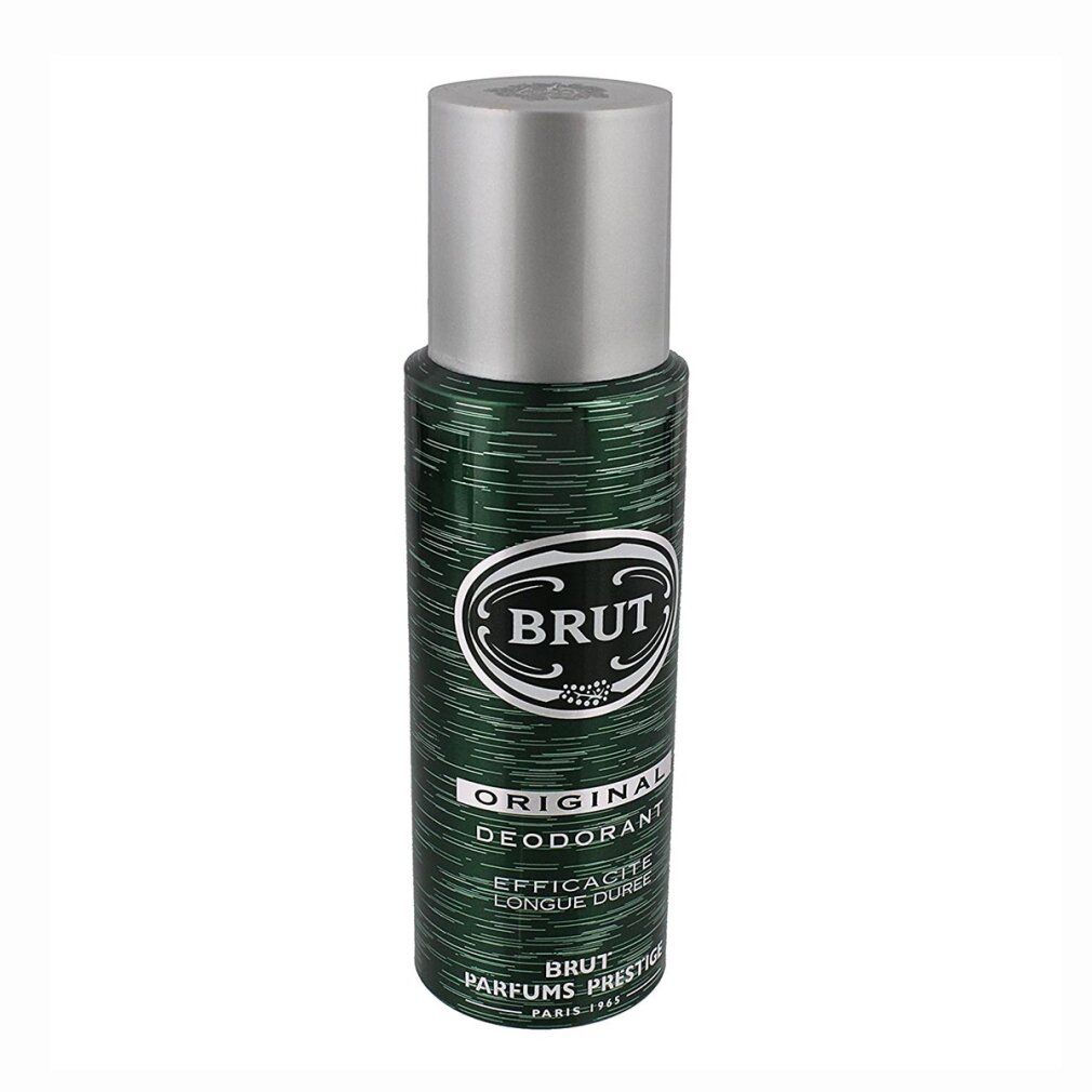 Spray deodorante verde con tappo argentato. Scritta: BRUT, Deodorante Original, Efficacia lunga durata.