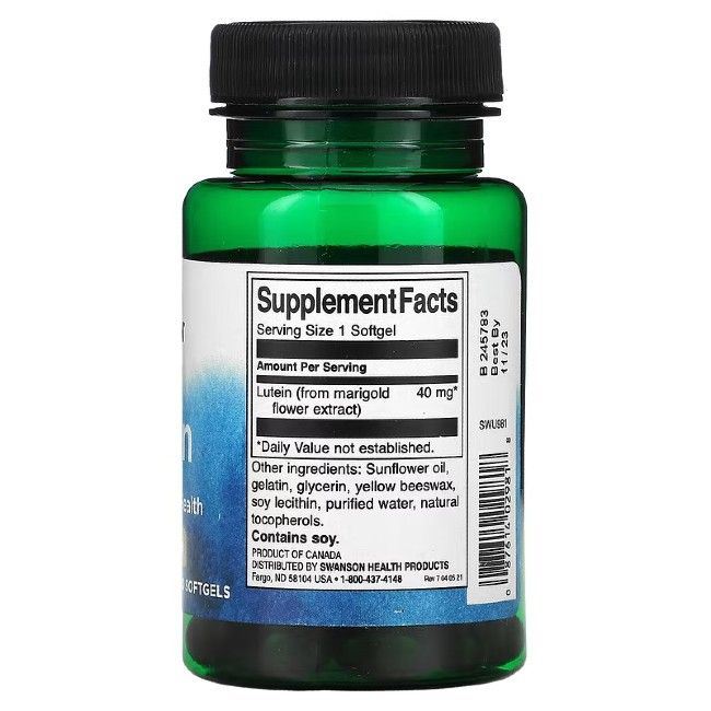 Retro del flacone verde. Scritta: Supplement Facts. Luteina (da estratto di calendula) 40 mg. Contiene soia. Scadenza 11/23.