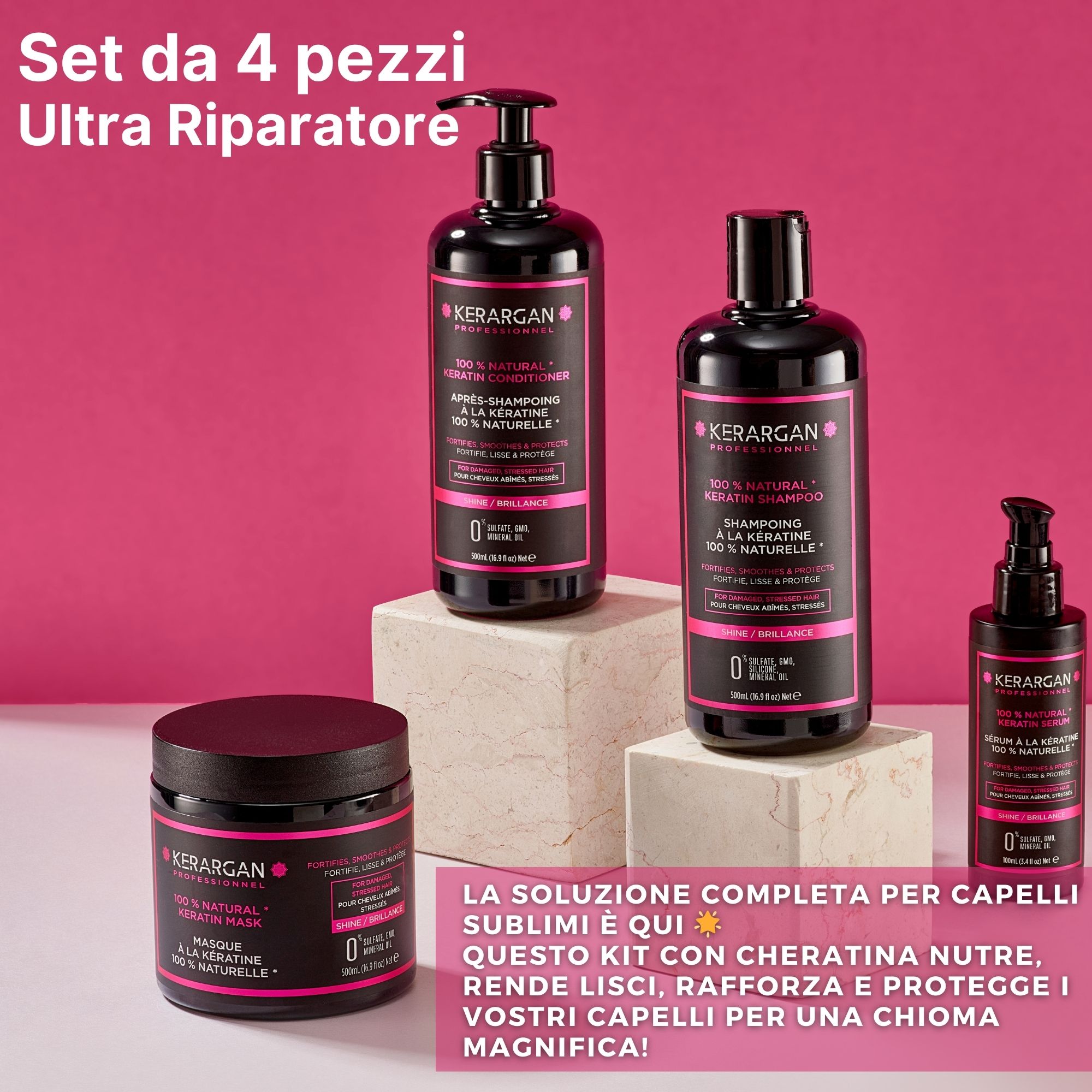 Kerargan - Set Shampoo, Balsamo, Maschera & Siero Cheratina - Capelli Danneggiati