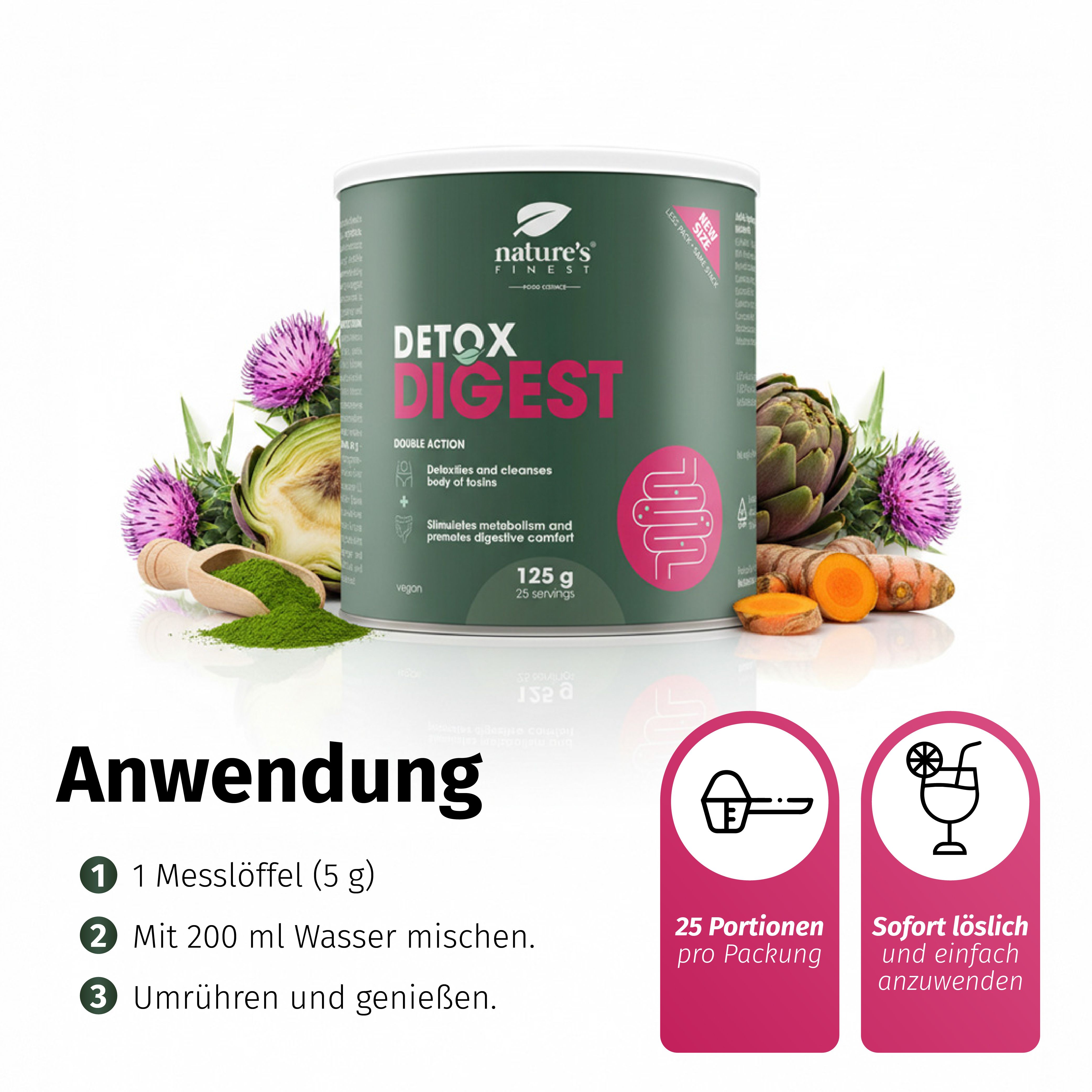 Lattina Detox Digest con misurino e bicchiere, mostra la preparazione e 25 porzioni.