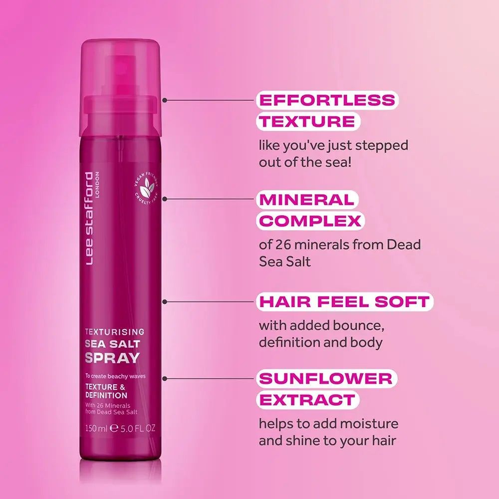 Flacone spray fucsìa Lee Stafford Texturising Sea Salt Spray con spiegazioni su texture, minerali e ingredienti.