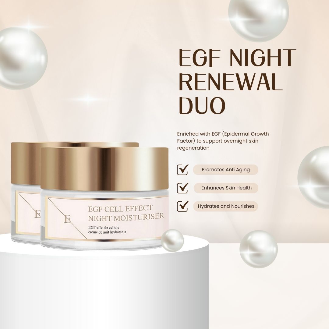 Due vasetti di crema idratante notte su piedistallo. Testo: EGF Night Renewal Duo. Vantaggi: anti-età, salute della pelle, idratazione.