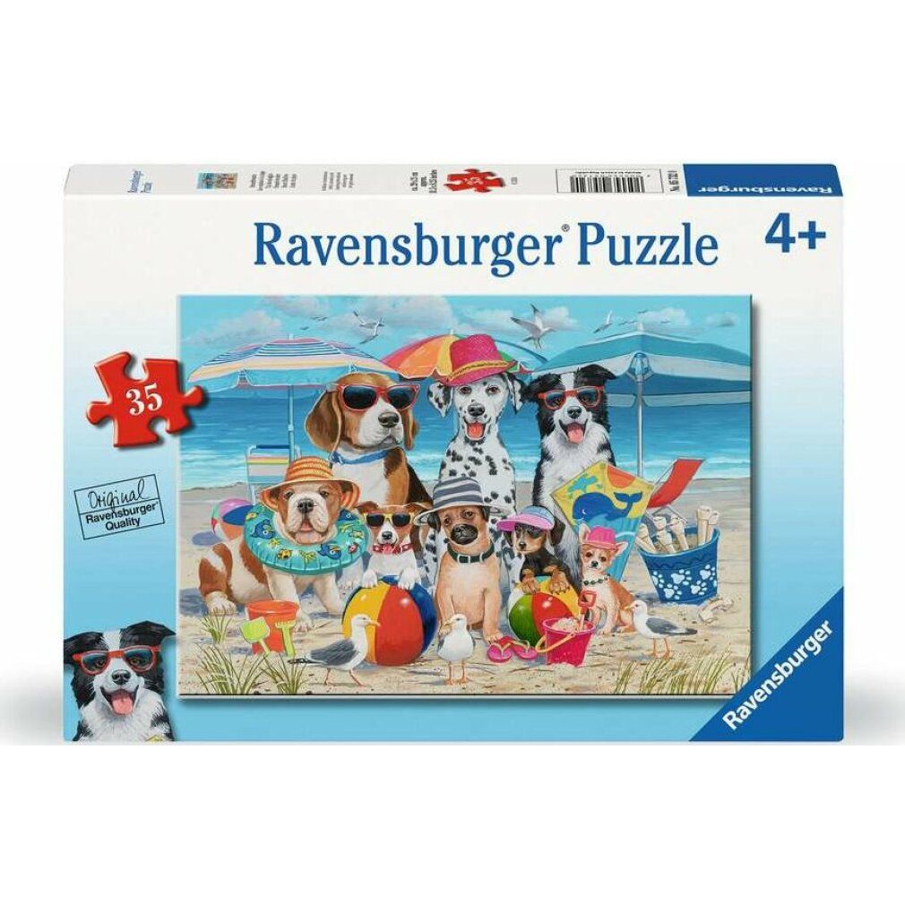 Scatola puzzle Ravensburger. Soggetto: cani sulla spiaggia. 35 pezzi, dai 4 anni in su. Logo e marchio visibili.