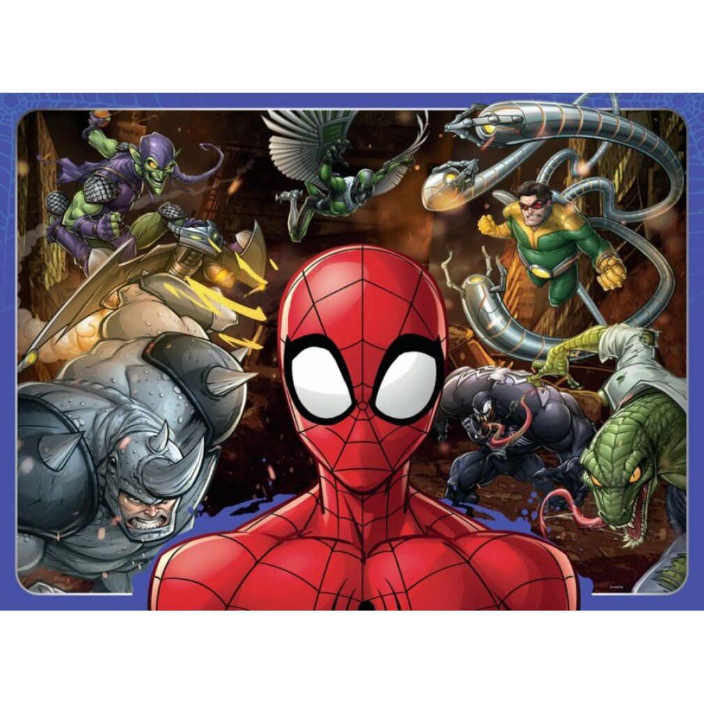Motivo puzzle Spiderman con Spiderman e nemici. Pezzi di puzzle in cornice blu. Sfondo con elementi fumettistici.