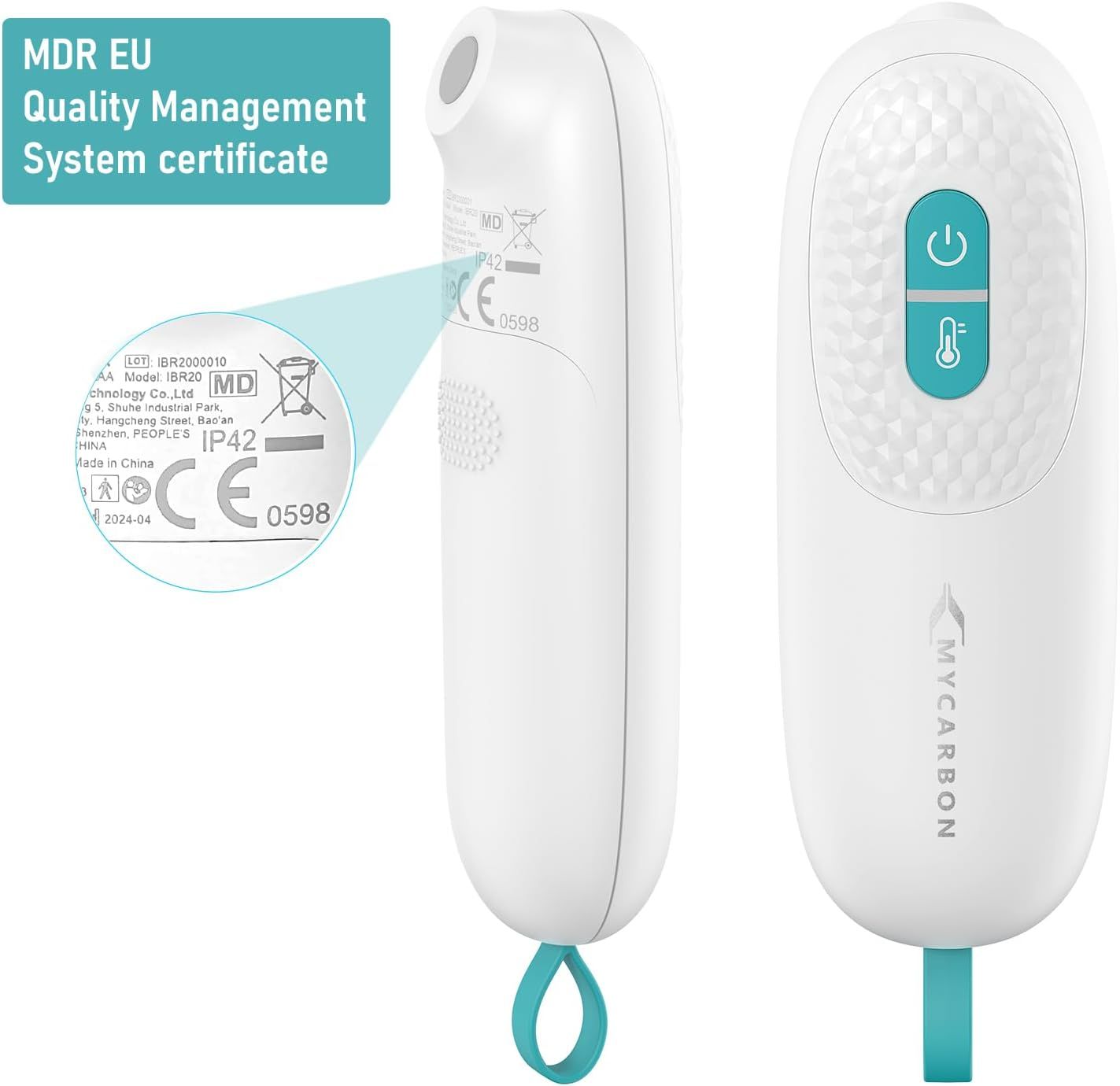 Dispositivo bianco ovale con laccetto blu. Certificazione MDR UE. Marchio CE. Scritta: MYCARBON.