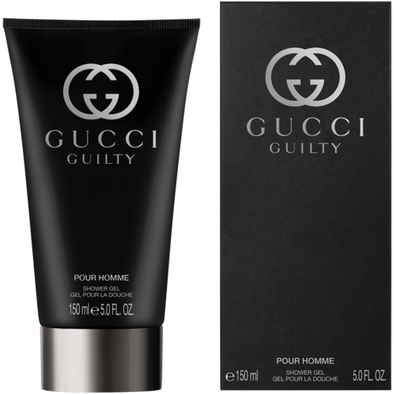 Tubo e scatola neri Gucci Guilty Pour Homme. Logo argento. Scritta 150 ml. Dettagli argento.