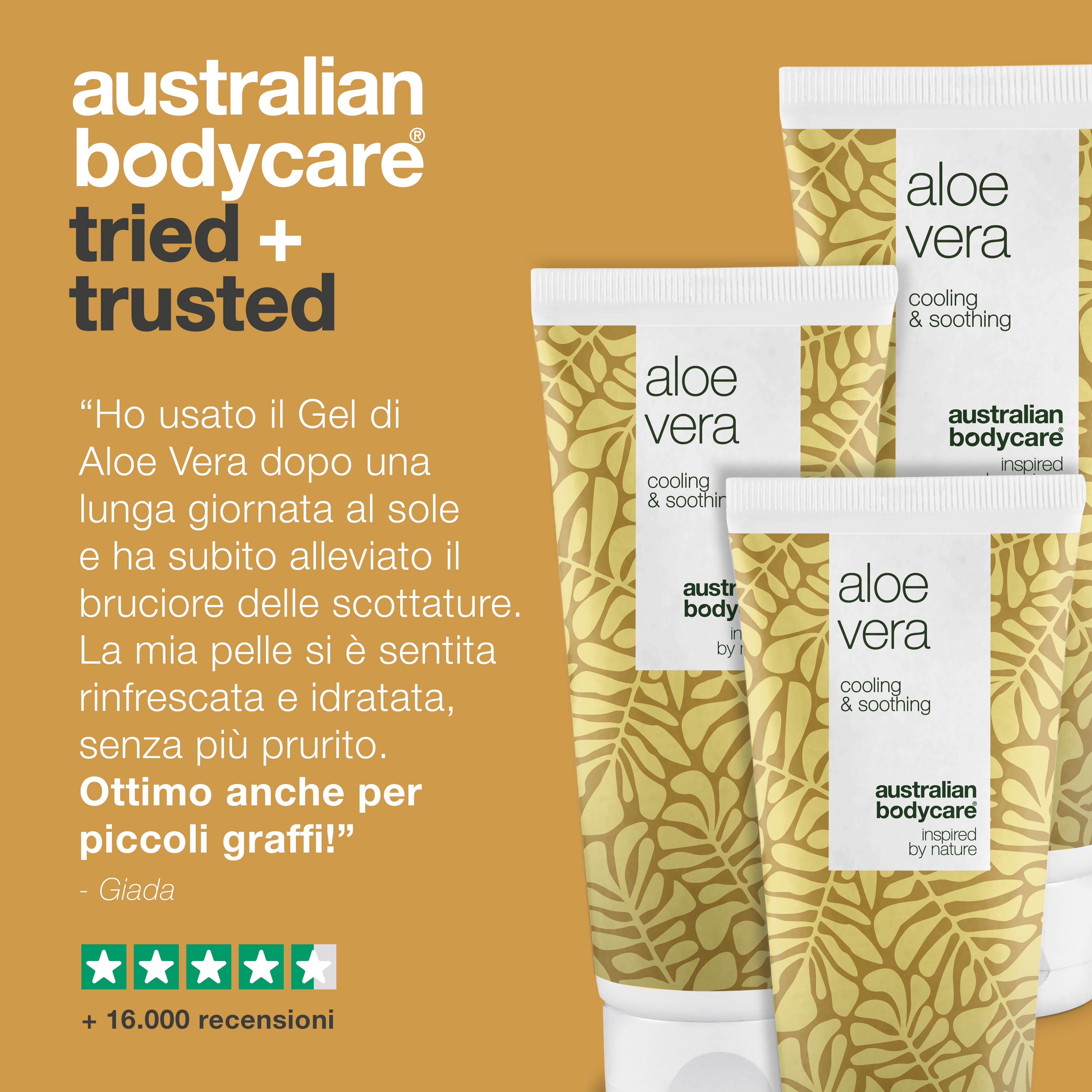 Gel Australian Bodycare Aloe Vera. Citazione: aiuta con scottature e prurito. Idrata la pelle.