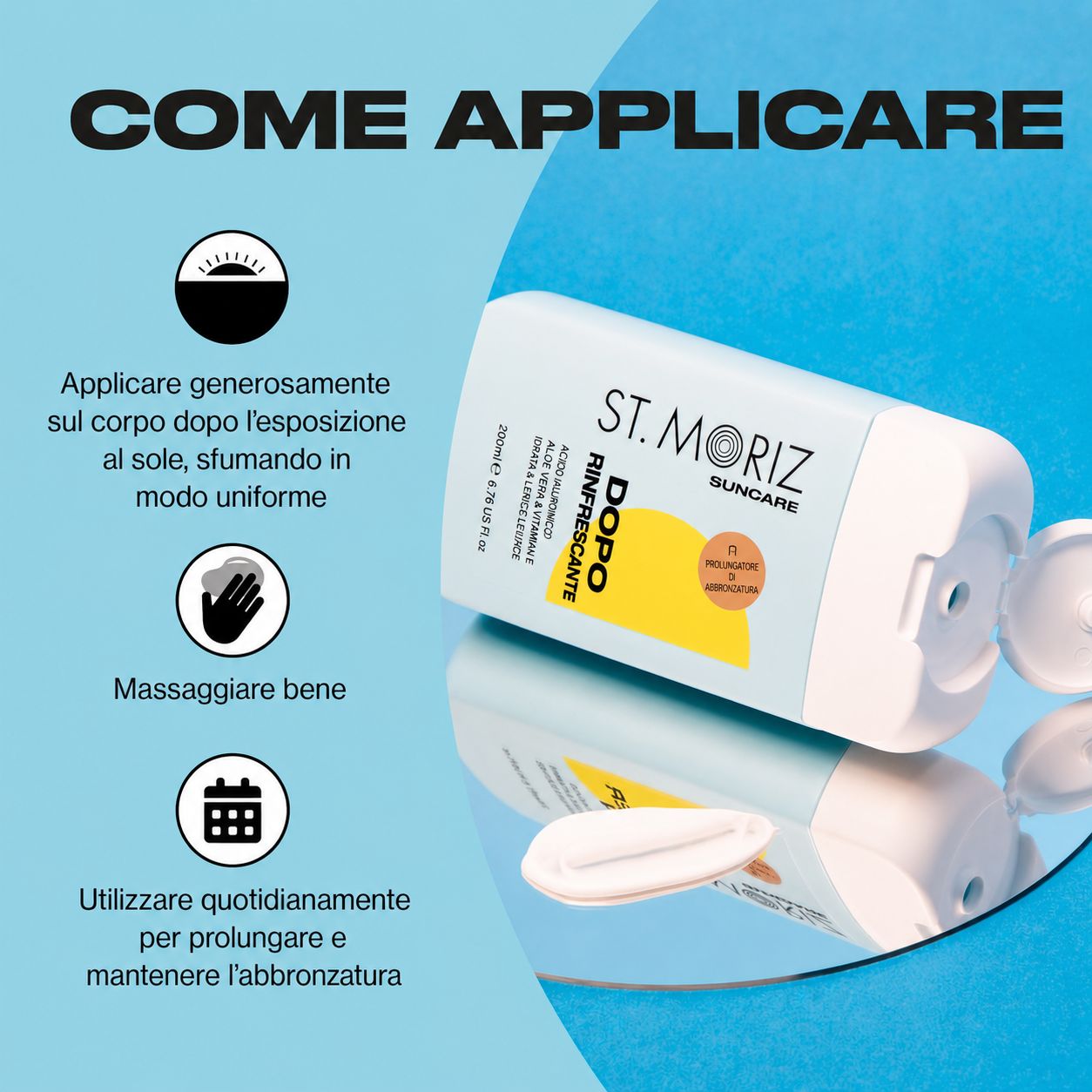 Gel ST. MORIZ After Sun blu e bianco. Testo: Cooling After Sun, acido ialuronico, aloe vera e vitamine. Etichetta giallo-marrone.
