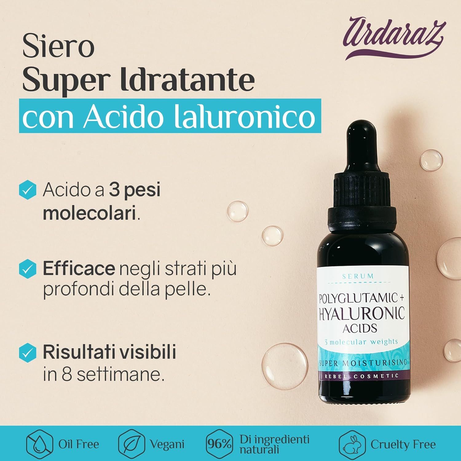 Flacone di siero con testo: Super idratante con acido ialuronico. Contiene acido ialuronico con 3 pesi molecolari. Vegano.