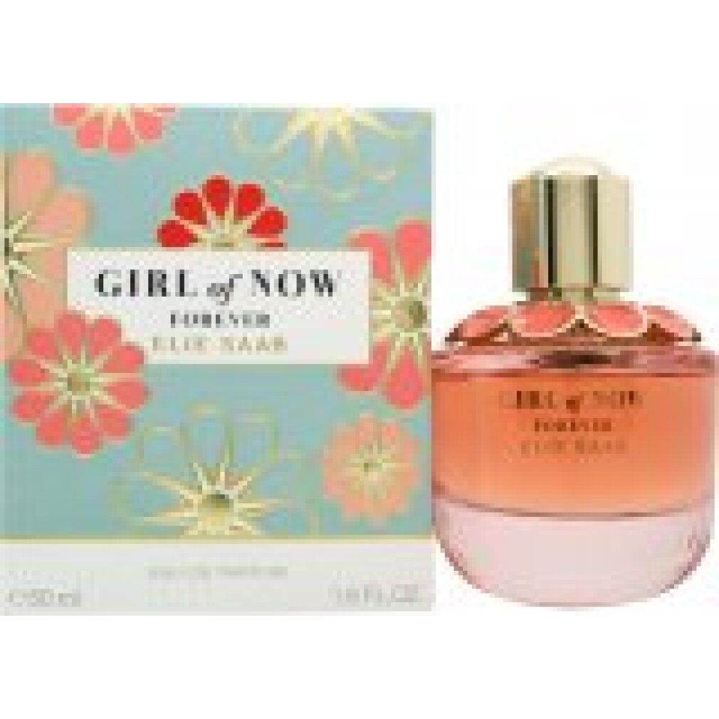 Elie Saab Girl of Now Forever Eau de Parfum 50ml flacone e scatola con motivo floreale.