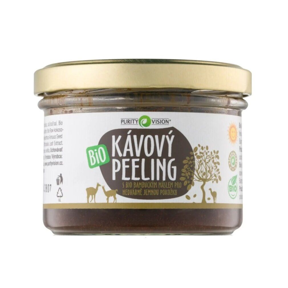 Vaso in vetro con contenuto marrone e coperchio dorato. Etichetta con testo: Kávový Peeling, certificazione Bio e logo. Scritta Purity Vision.