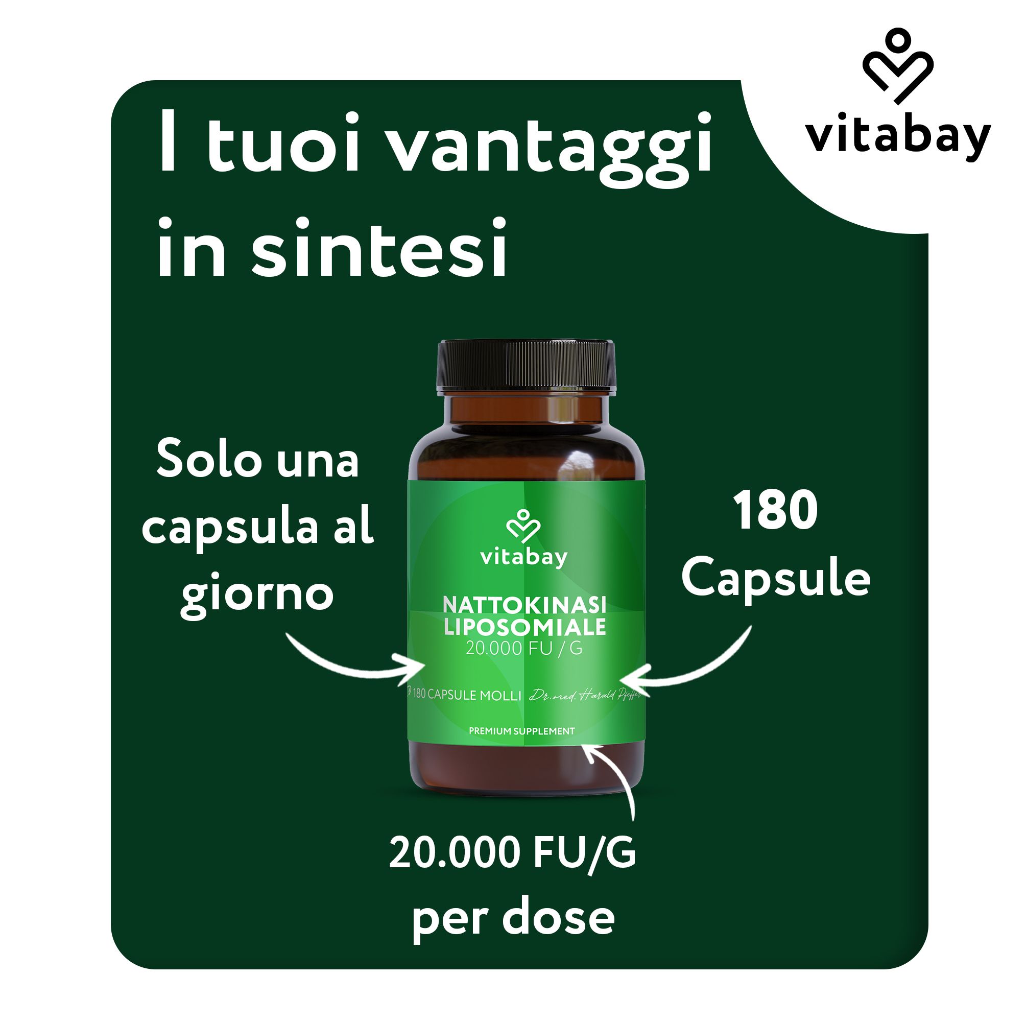 Flacone marrone con etichetta verde. Testo: Nattokinase Liposomiale, 180 capsule, logo Vitabay.