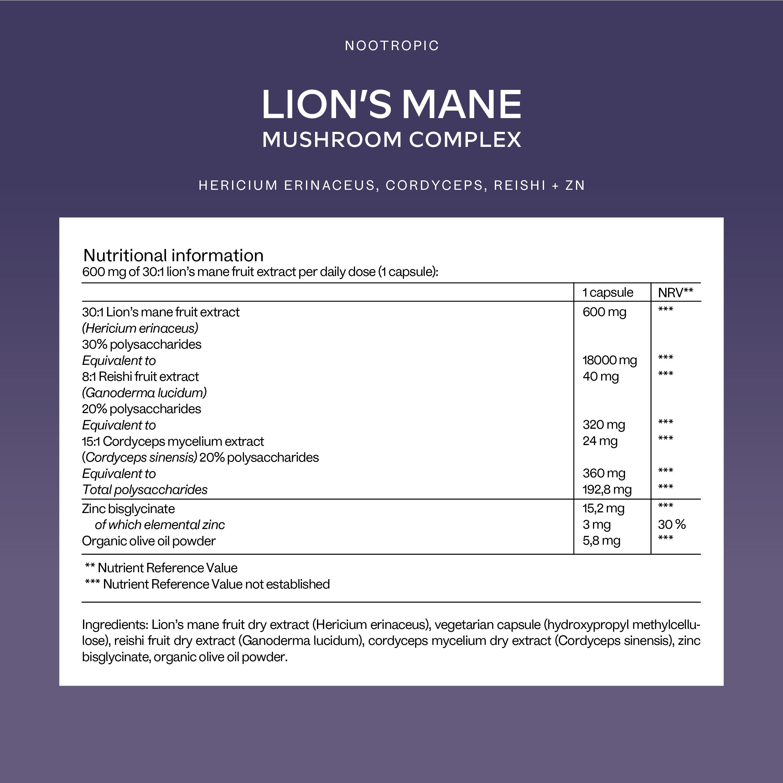 Informazioni nutrizionali e ingredienti su sfondo viola. Nome del prodotto: Lion's Mane Mushroom Complex.