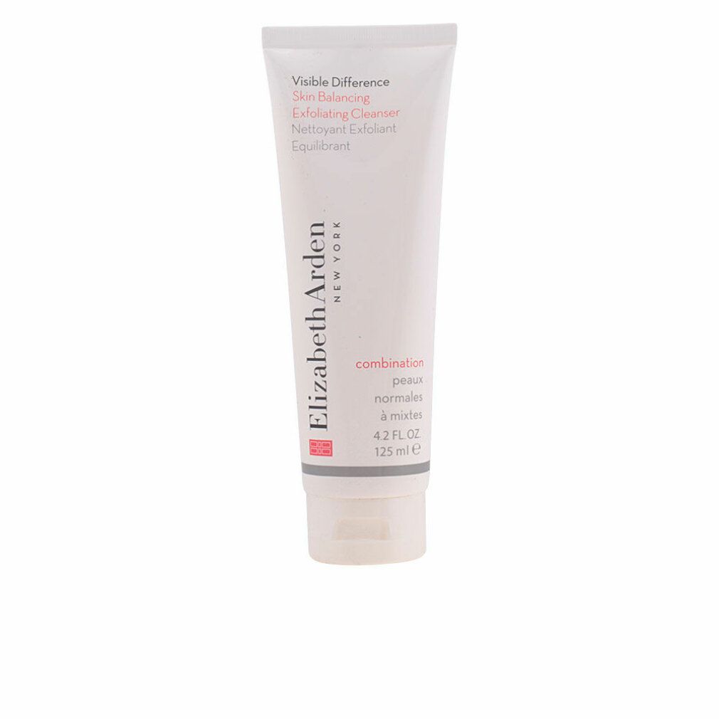 Tubo bianco con nome del prodotto e del marchio. Testo: Visible Difference, Skin Balancing, Exfoliating Cleanser. Marchio: Elizabeth Arden.
