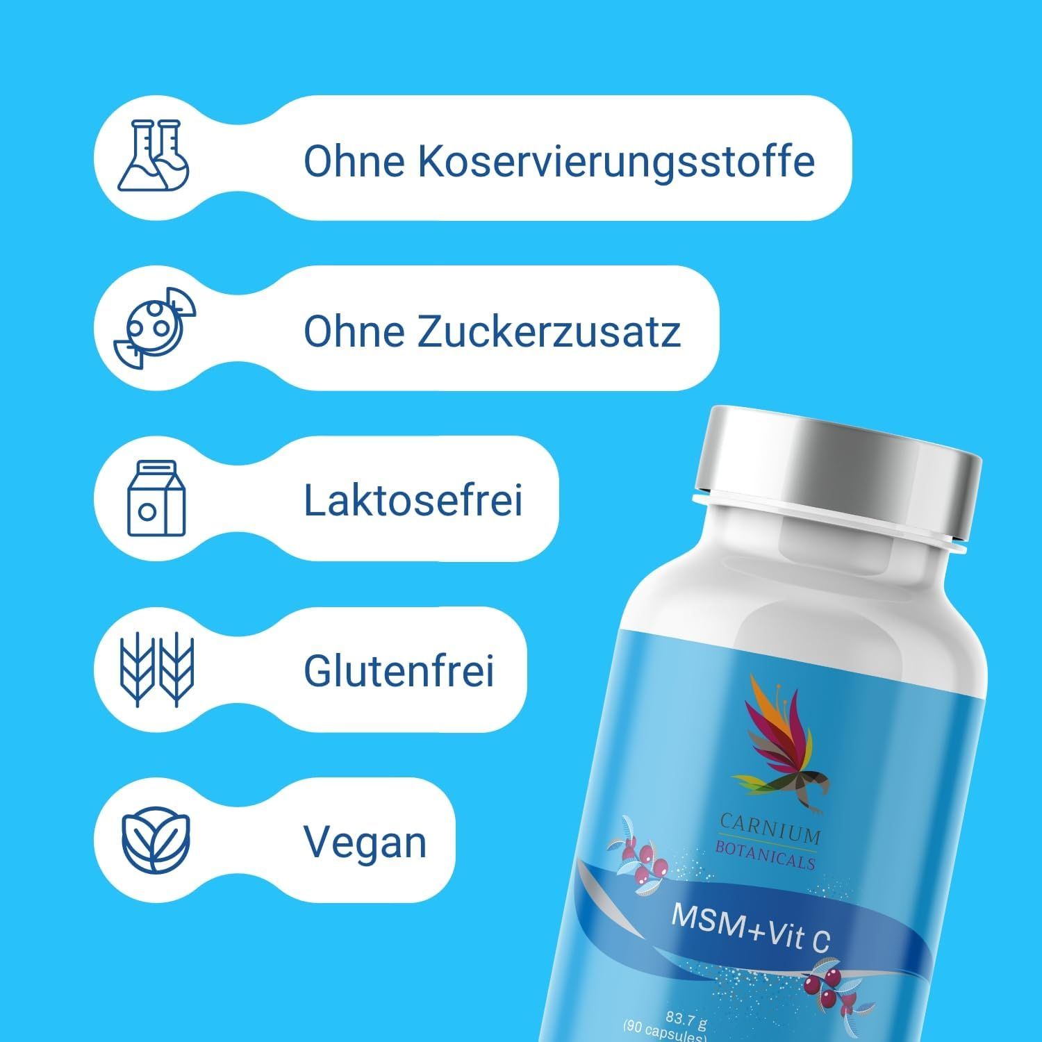Flacone "MSM+Vit C" con loghi: Senza conservanti, zucchero, lattosio, glutine, vegano.