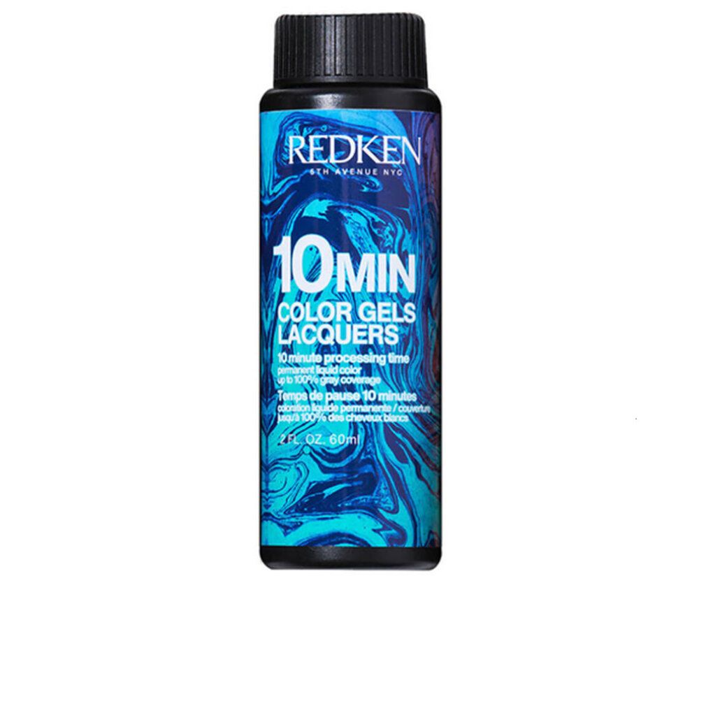 Flacone Redken Color Gels Lacquers. Tappo nero, etichetta blu e nera con testo. 2 fl. oz. 60ml.