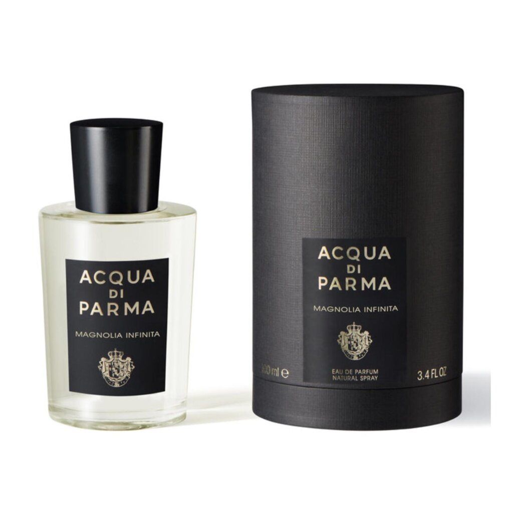 Flacone di profumo e confezione cilindrica. Tappo nero, etichetta nera con testo bianco: ACQUA DI PARMA, MAGNOLIA INFINITA. Stemma dorato.