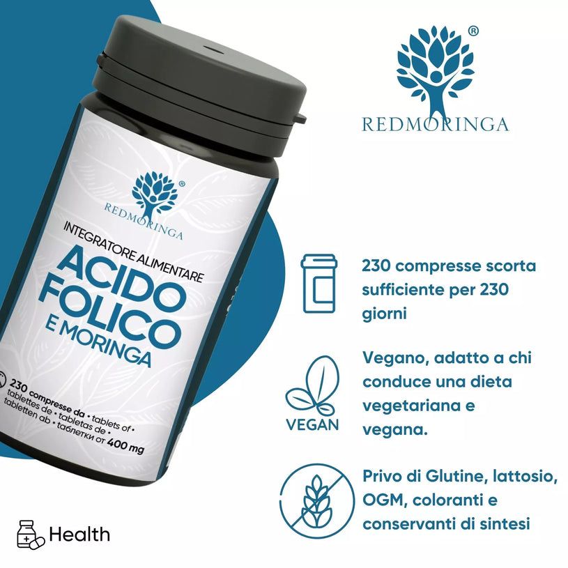 Flacone di Acido Folico e Moringa. Testo: 230 compresse, vegano, senza glutine, senza lattosio.