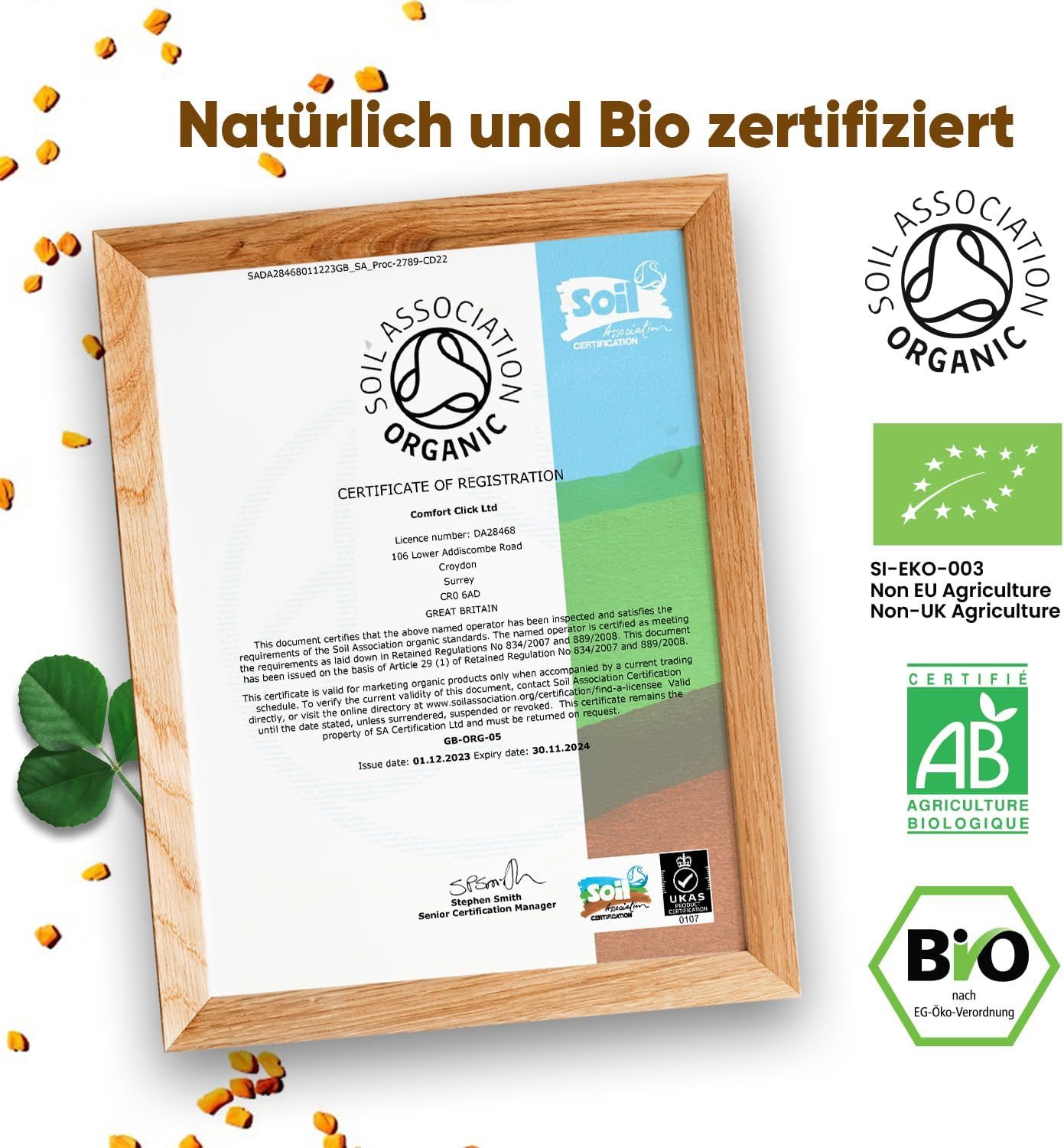 Certificato in cornice di legno. Testo: Naturalmente e certificato bio. Sigilli: Soil Association Organic, AB, Bio.