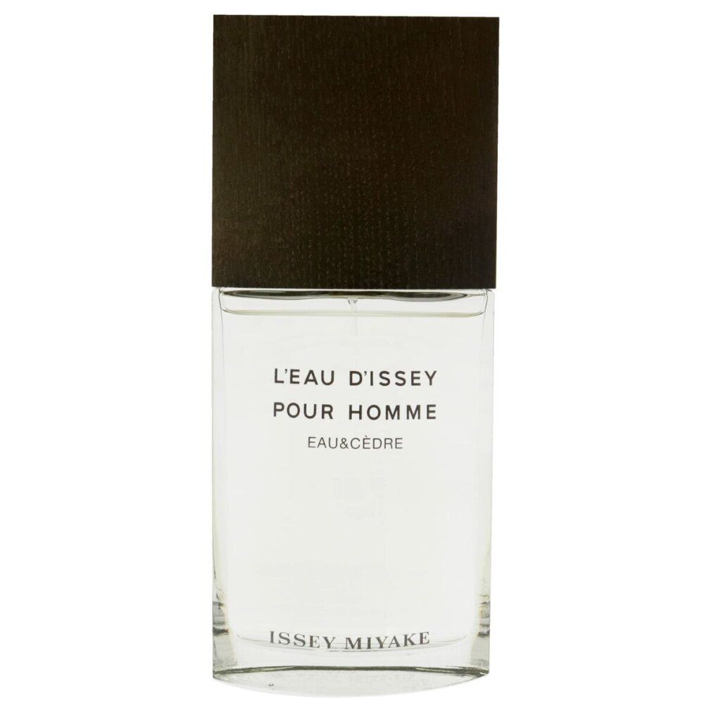 Flacone con tappo nero. Scritta: L'EAU D'ISSEY POUR HOMME EAU&CÈDRE. Marchio: ISSEY MIYAKE.