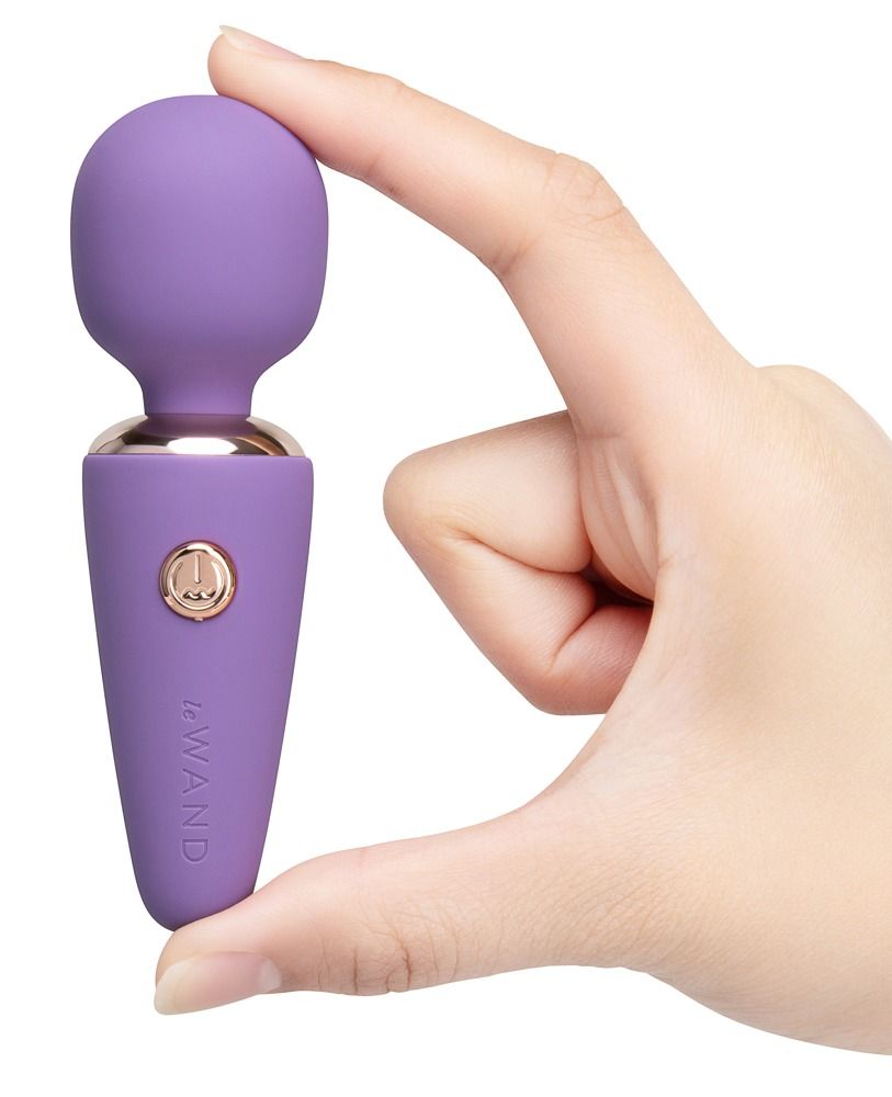 Mano che tiene un mini vibratore viola, con anello e pulsante argentati.