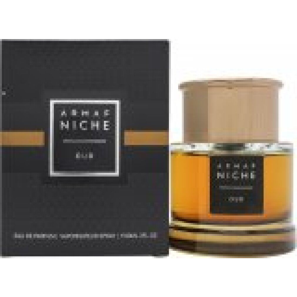 Flacone in vetro e confezione nera. Scritta: ARMAF NICHE OUD. Eau de Parfum, Vaporisateur Spray.