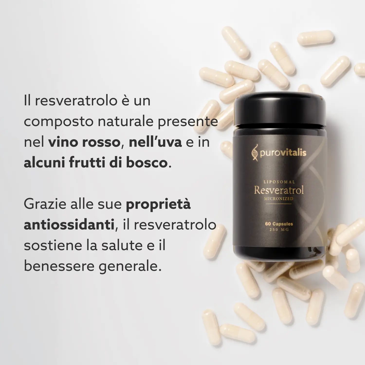 Capsule e flacone con scritta: Purovitalis, Resveratrolo Liposomiale, 60 capsule, 250 mg. Testo.
