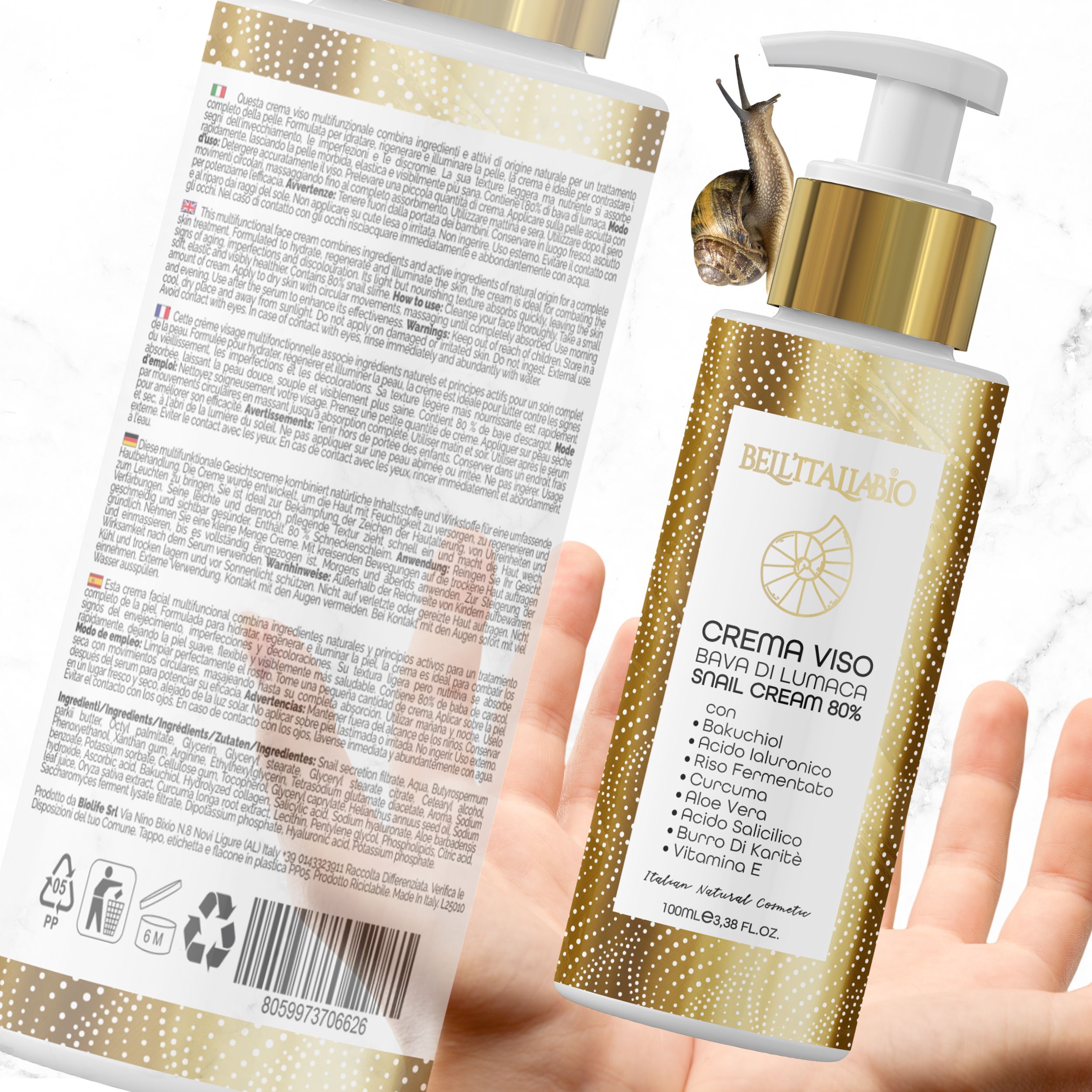Flacone di crema con dosatore. Tappo dorato, erogatore bianco. Testo: BellItaliabio, Crema Viso, Bava di Lumaca, 80%. Ingredienti.