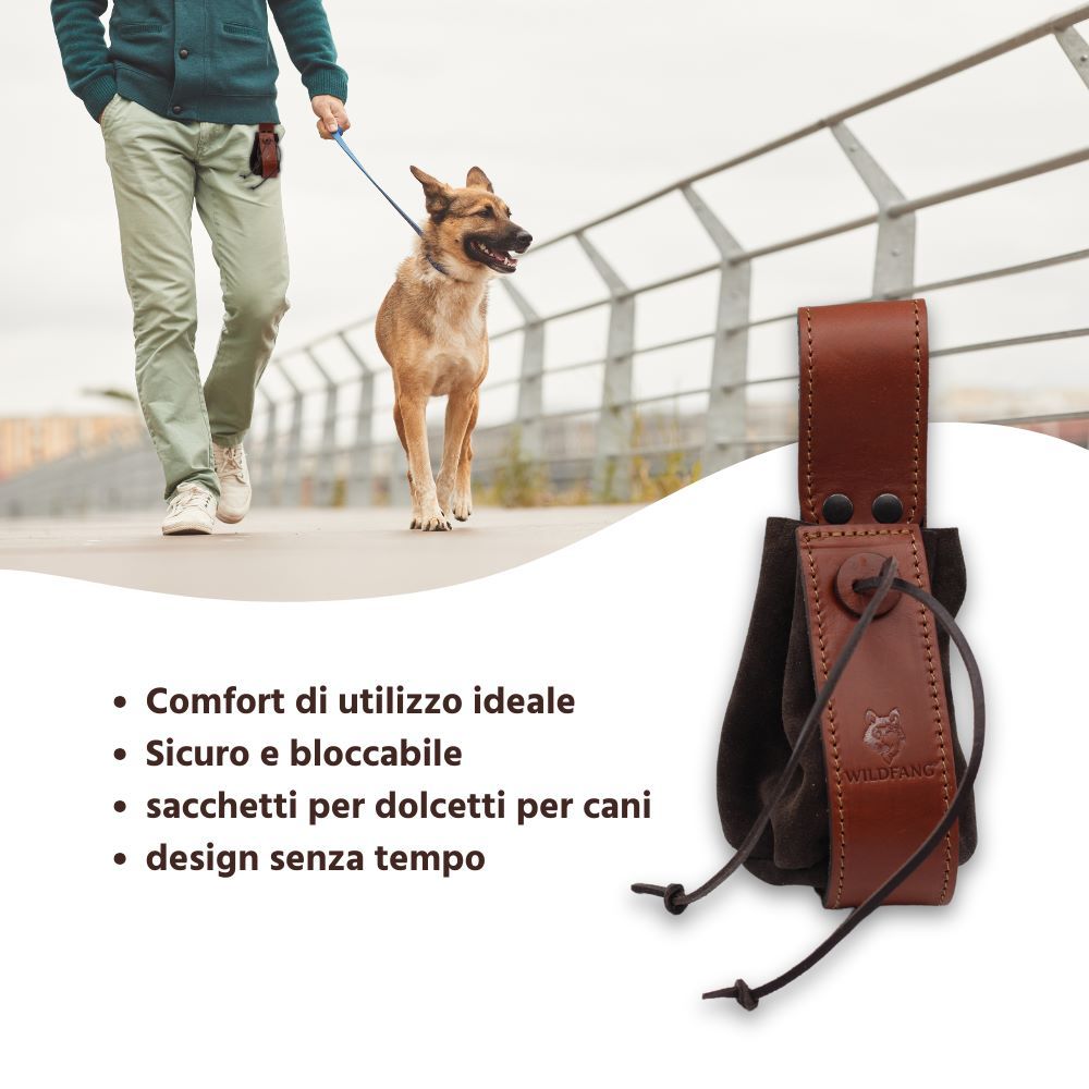Borsa in pelle marrone con logo Wildfang, attaccata alla cintura. Testo: comfort, sicuro, per snack per cani, design senza tempo.