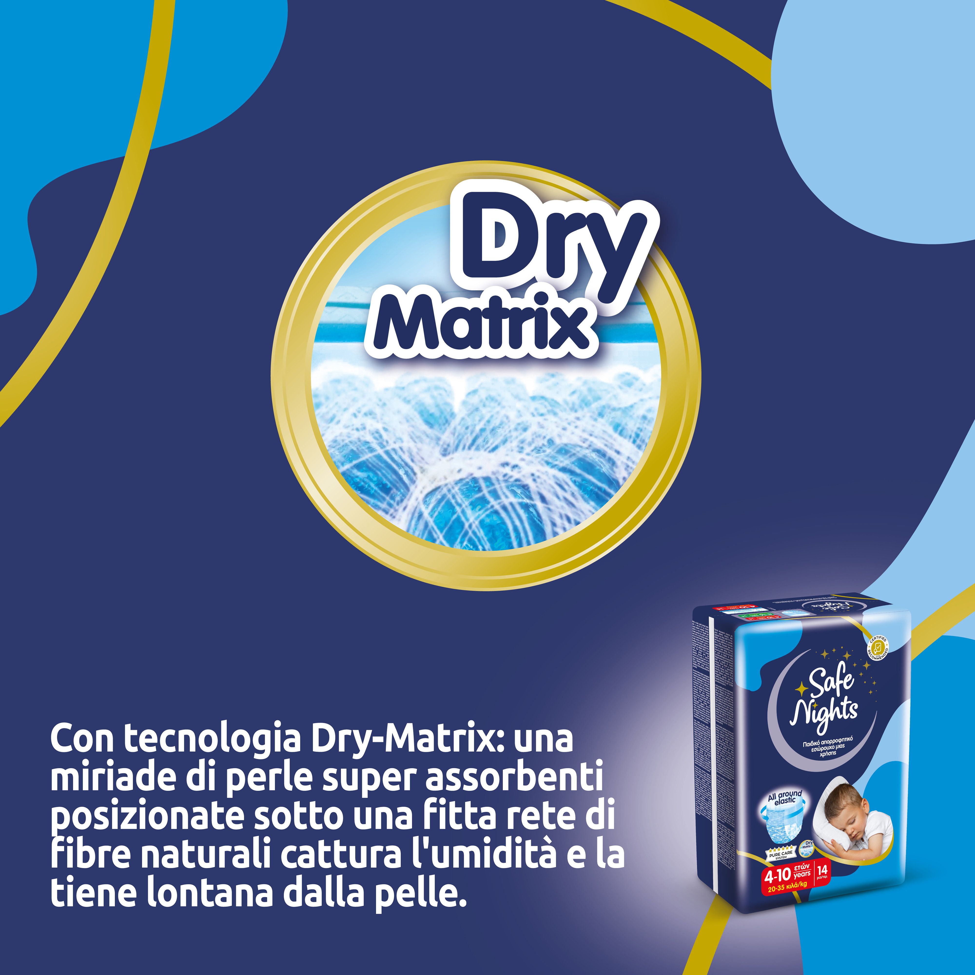 Pannolino con tecnologia Dry-Matrix. Testo: Tecnologia Dry-Matrix con perle super assorbenti. Confezione di Babylino Safe Nights Boys Pants.
