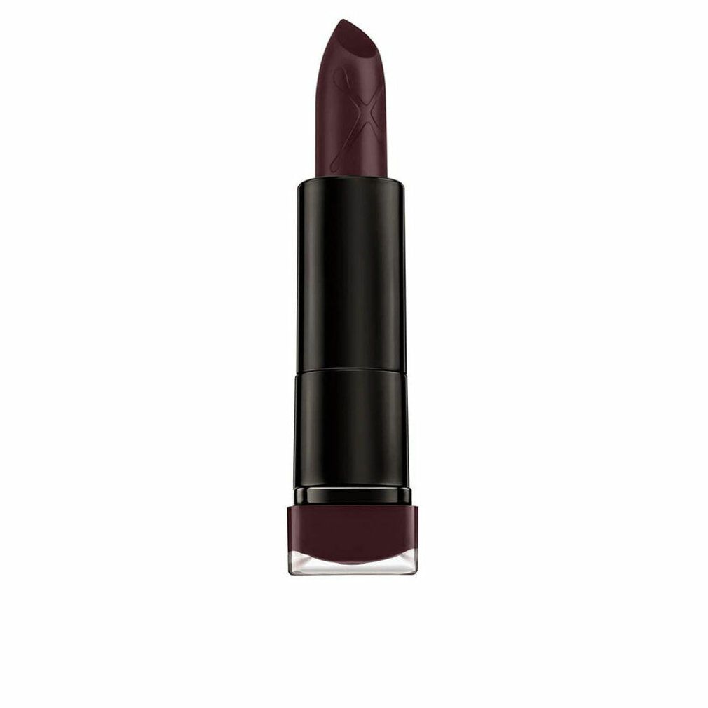 Rossetto bordeaux con custodia nera. Il rossetto presenta il logo Max Factor X. La punta del rossetto è appuntita.