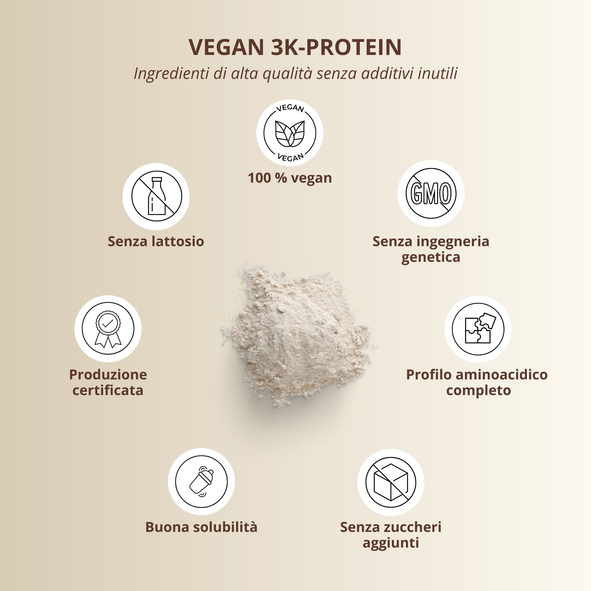 Simboli circolari con testo: 100% vegano, senza lattosio, senza OGM, produzione certificata, profilo completo di aminoacidi, buona solubilità, senza zuccheri aggiunti.
