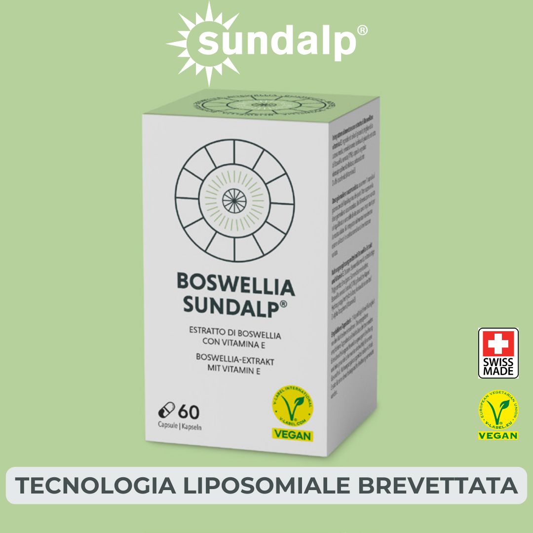 Confezione Boswellia Sundalp con vitamina E. Sigillo vegano, Swiss Made. Scritta: Tecnologia liposomiale.