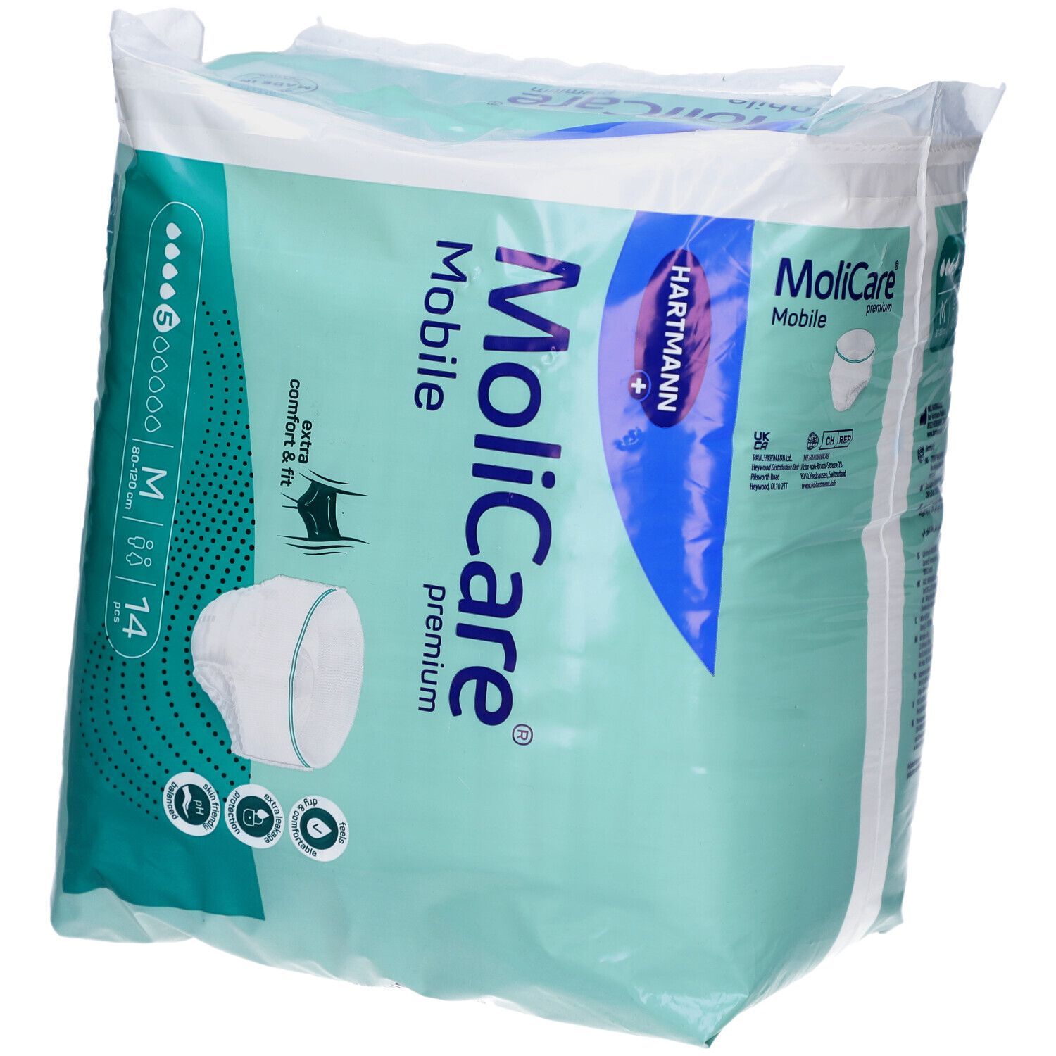 Confezione di Hartmann MoliCare Mobile Premium Pants. Taglia M, 88 cm, 14 pezzi. Verde e bianco. Logo Hartmann.