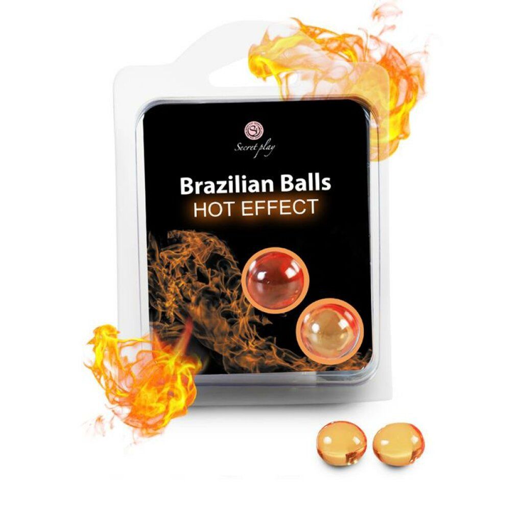 Due sfere in blister. Scritta: Brazilian Balls HOT EFFECT. Grafica fiamme. Due sfere sfuse in basso.