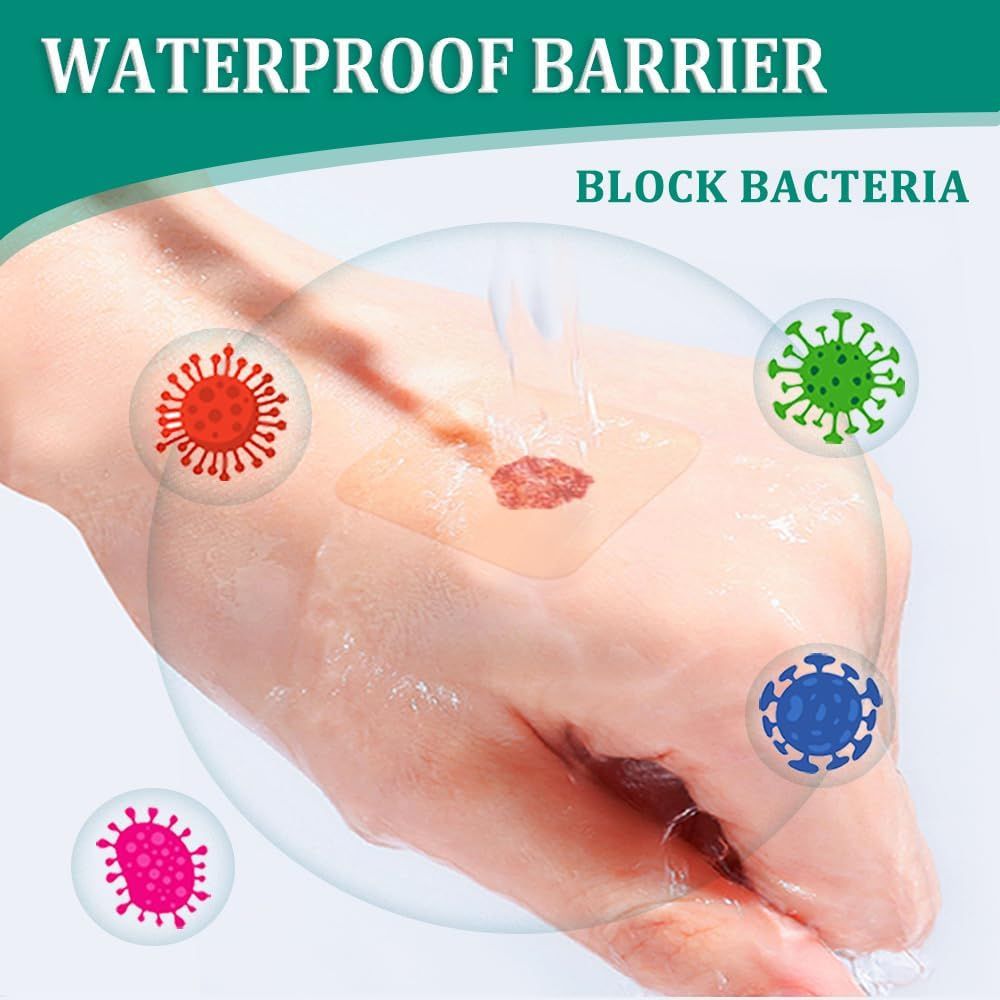 Cerotto su una mano. Protegge dai batteri. Quattro rappresentazioni colorate di batteri intorno al cerotto.