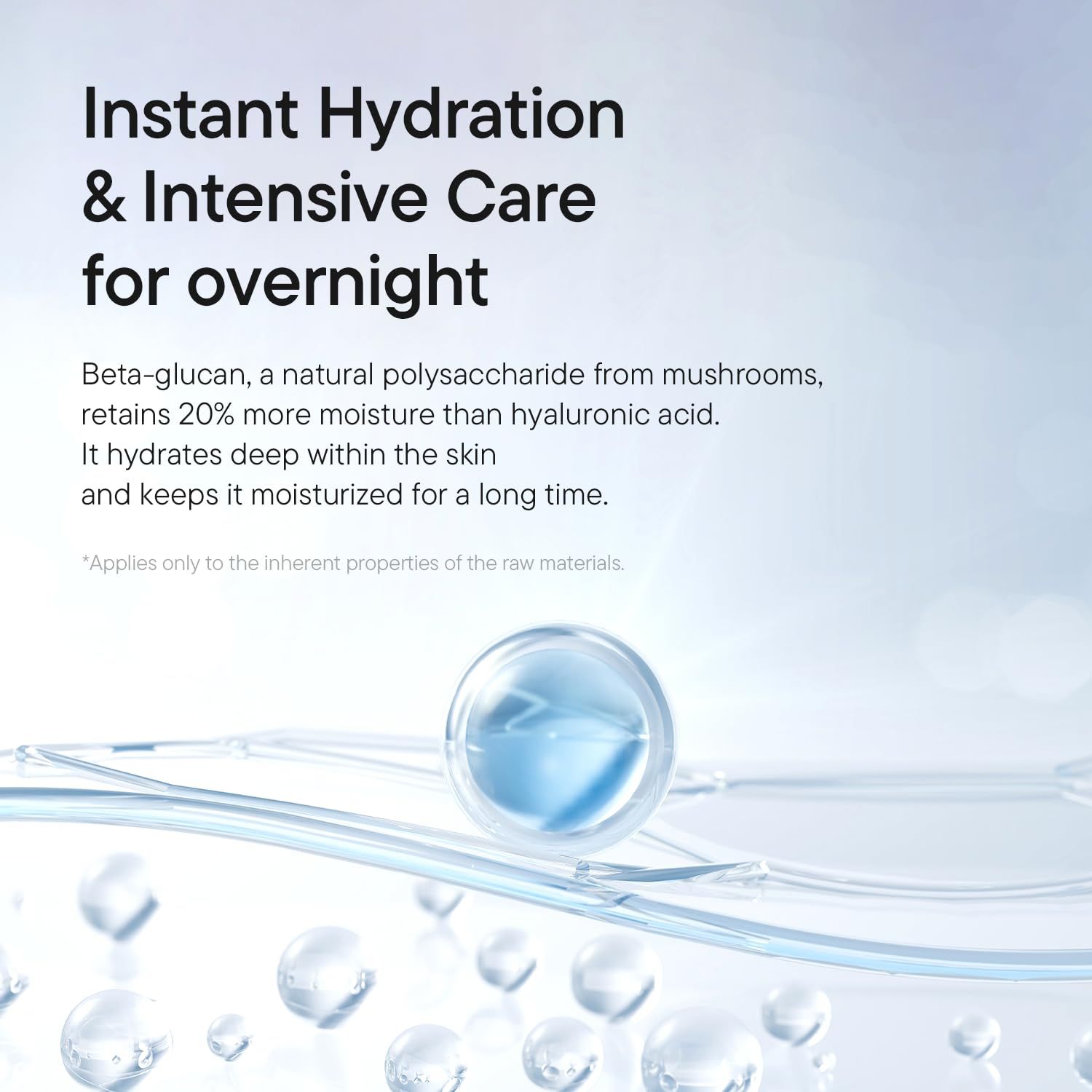 Testo con titolo: Idratazione istantanea e cura intensiva per tutta la notte. Descrizione del beta-glucano.