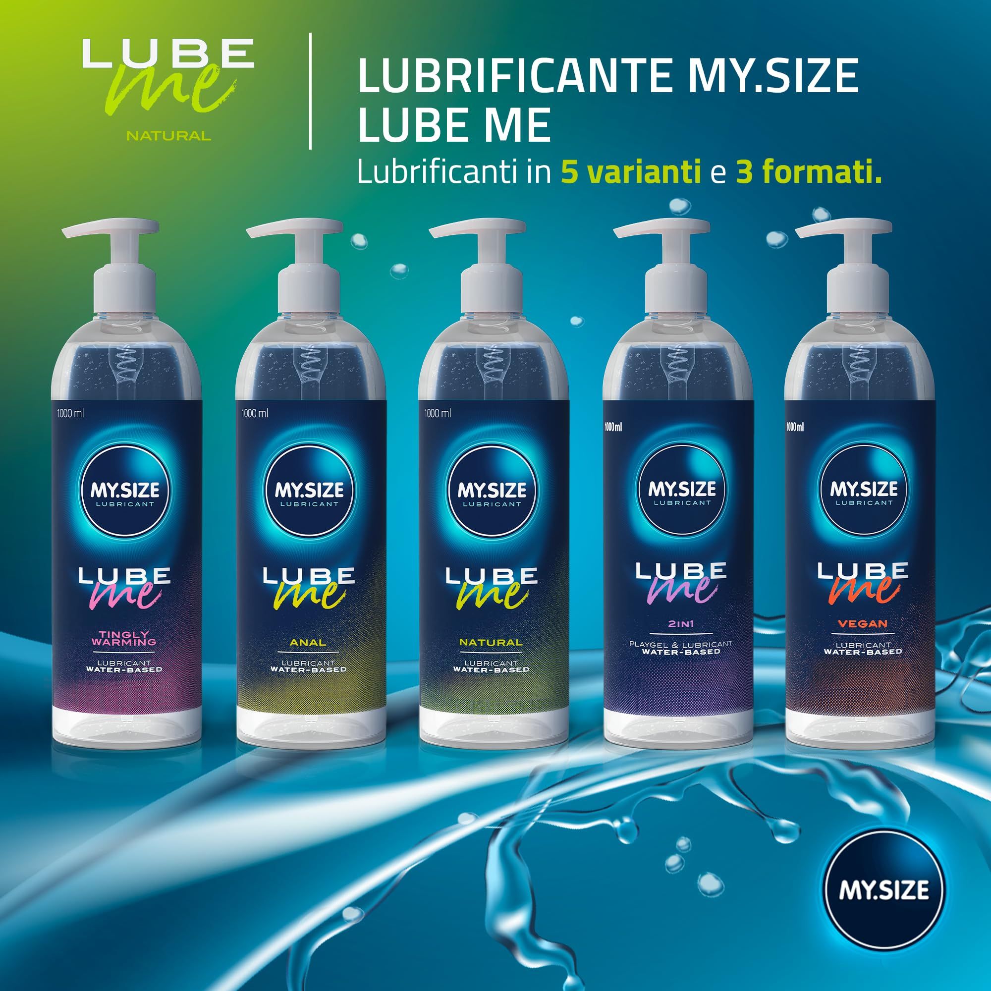 Cinque MY.SIZE Lube Me varianti in flaconi con pompa da 500ml.