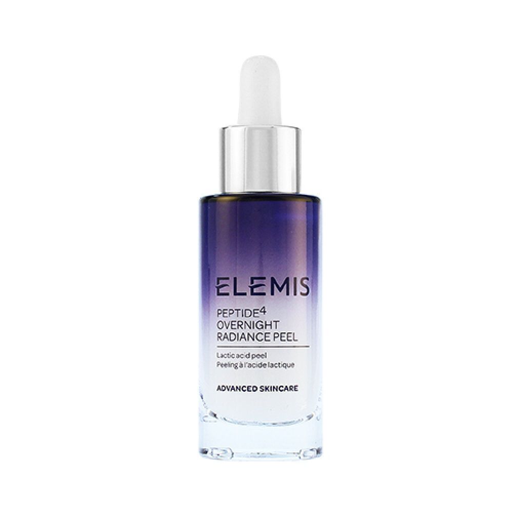 Flacone sfumato blu e bianco. Tappo argentato con pipetta. Testo: Elemis Peptide4 Overnight Radiance Peel.