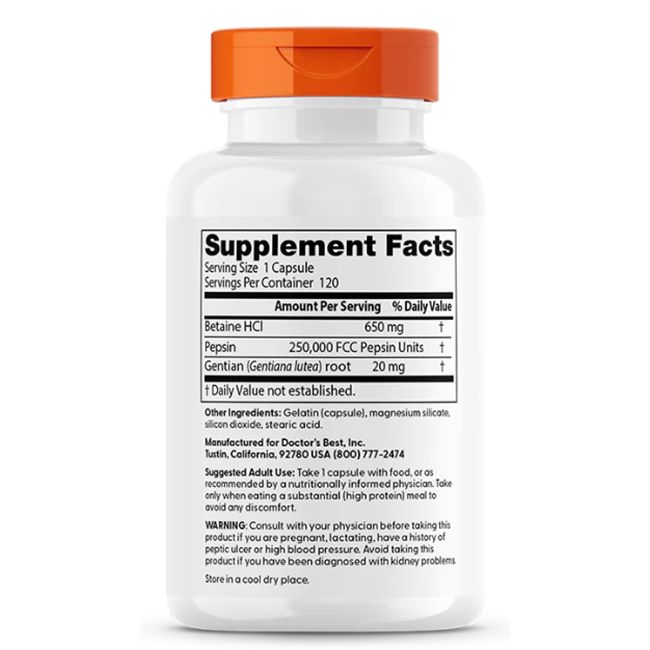 Retro della Betaina HCl, Pepsina e Gentiana Amara Doctor's Best con informazioni nutrizionali.