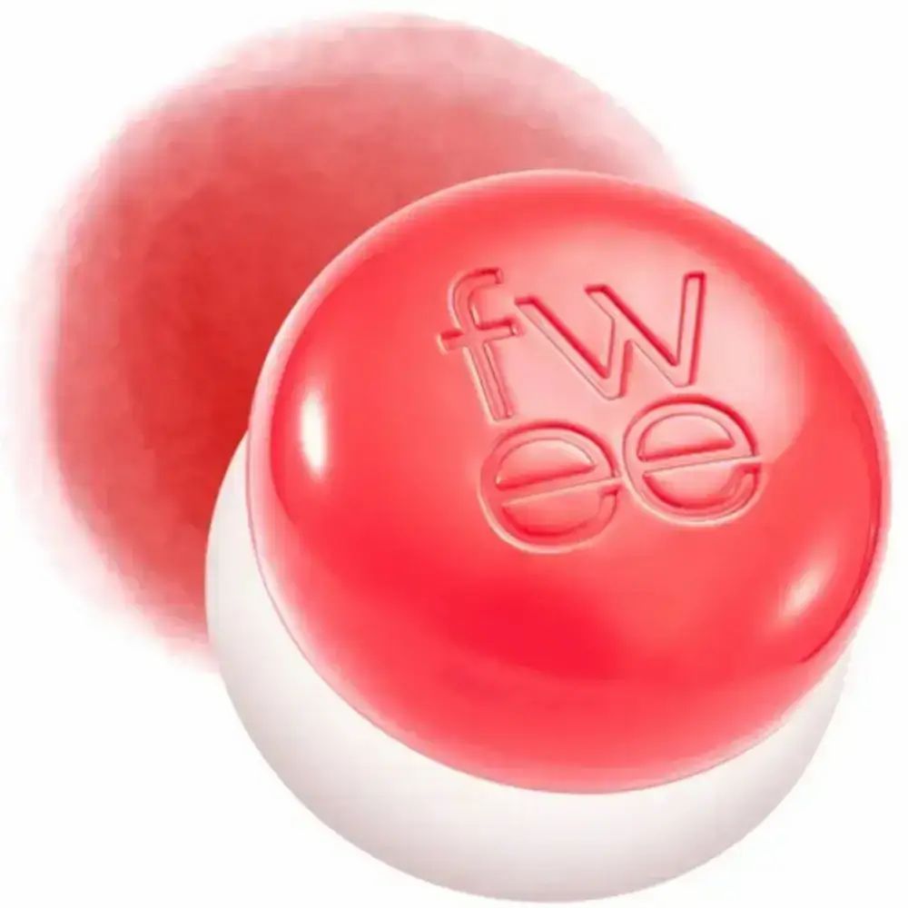 Contenitore rotondo con coperchio rosso e fondo bianco. Scritta: fwee.