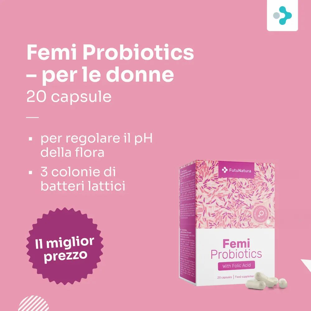Femi Probiotics per donne. Confezione e capsule. Regolazione pH, 3 batteri lattici. 20 capsule.